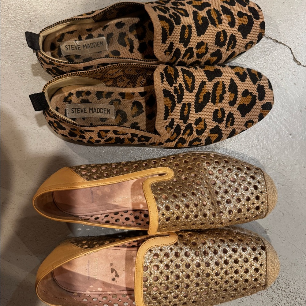 Stuart Weitzman Gold Espadrilles and Steve Madden Leopard Flats